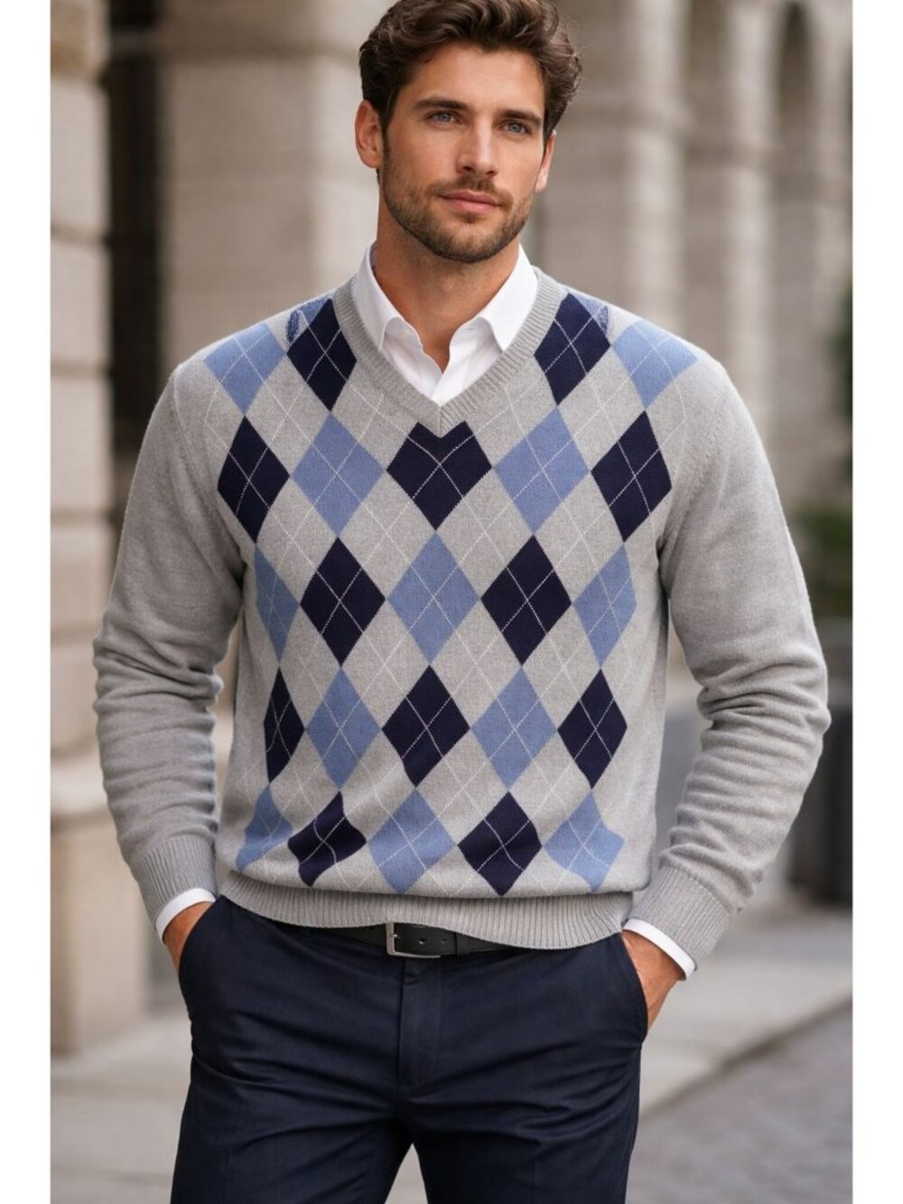 Enzo Mantovani Made In Italy V-Neck Argyle Pullover 100% Cashmere Sweater Size L